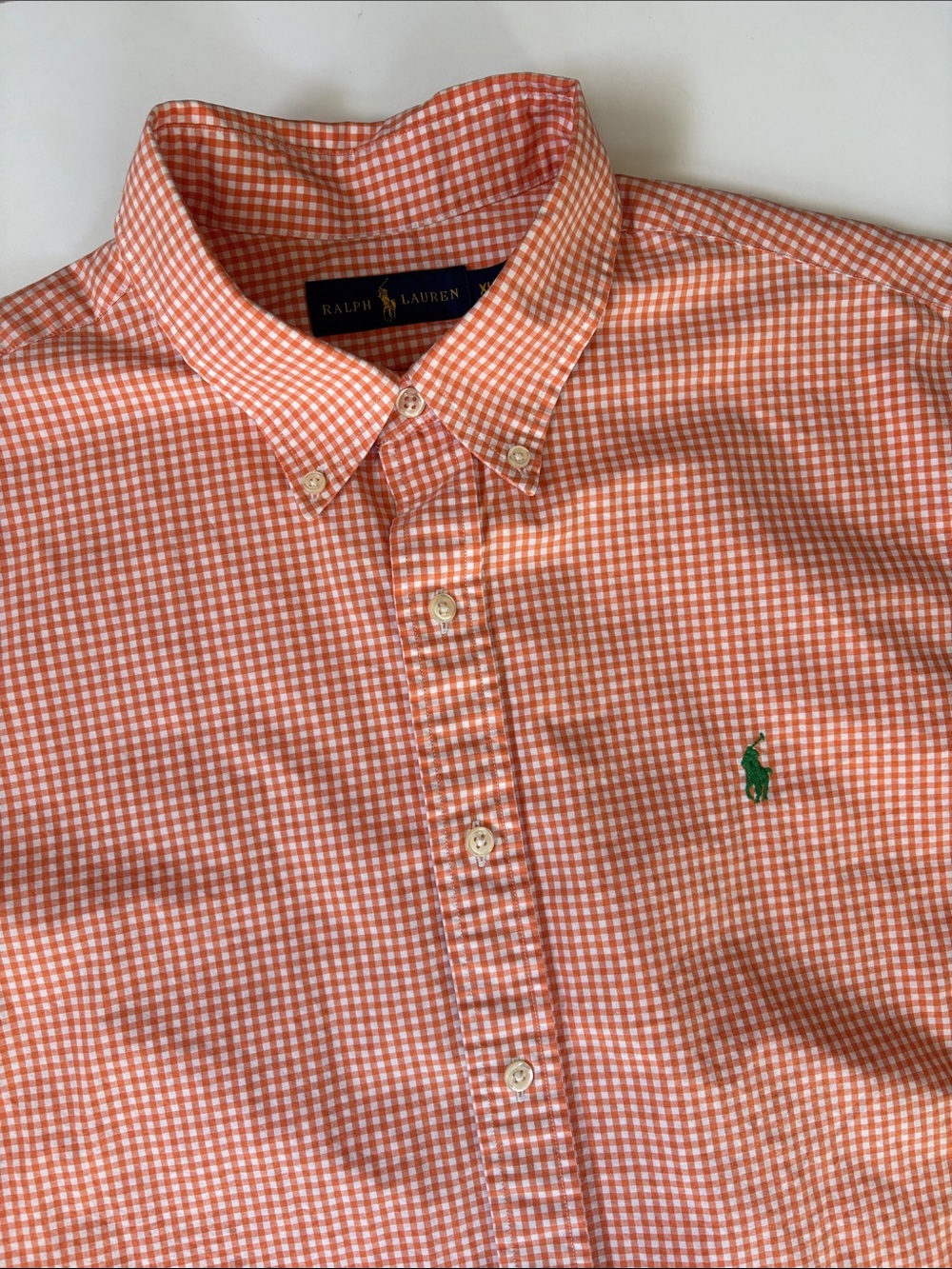 Vintage Ralph Lauren Orange Gingham Check Plaid SS Button Preppy Shirt Mens XL